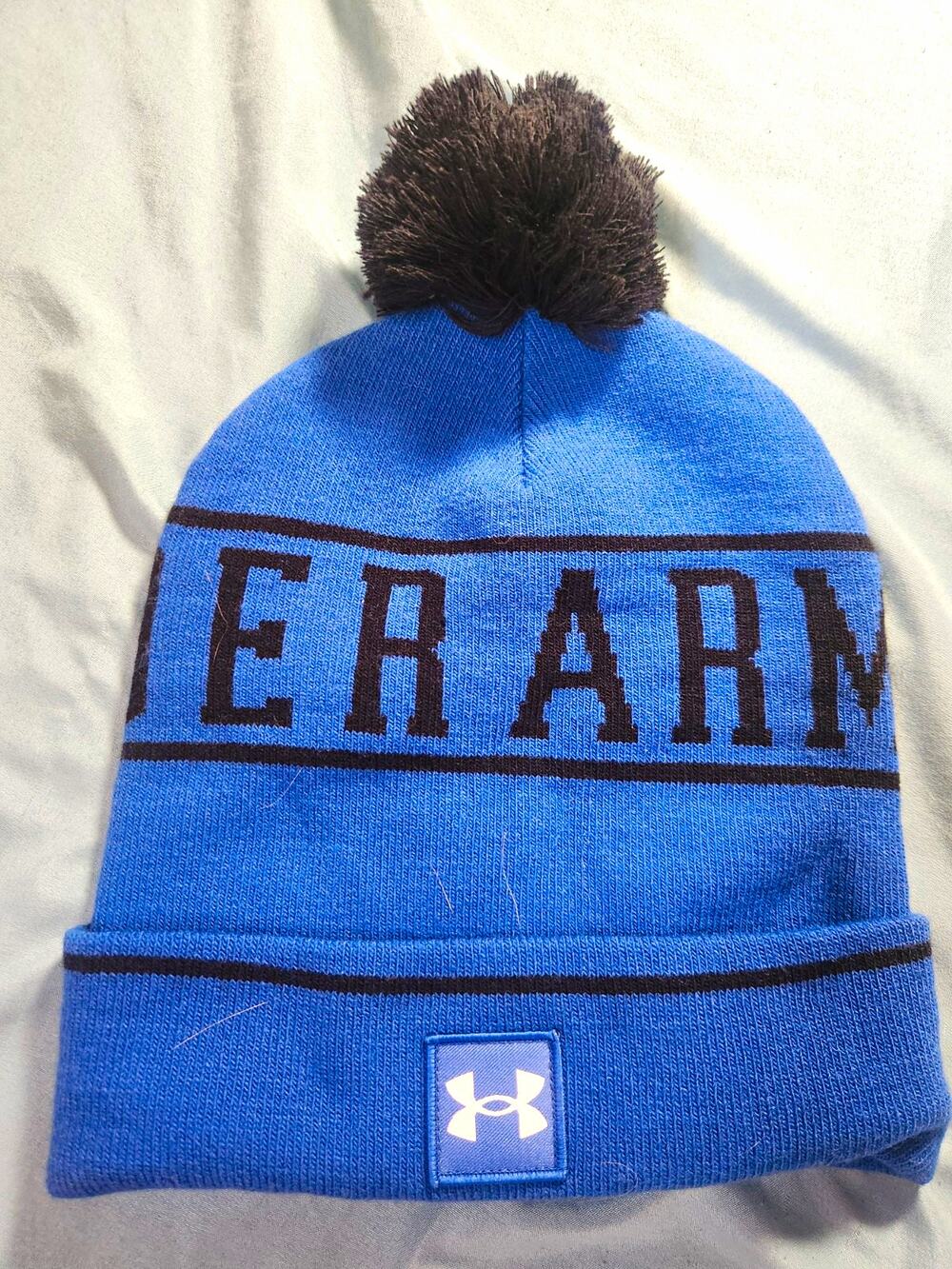 Under Armour Men’s Blue/Black Letterman Beanie Hat, One Size, Pom-Pom